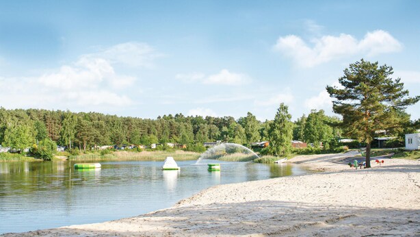 A lakeside view with a sandy beach, a forested area in the background, and a few houses. - 2 bedroom nice home in Faßberg/Heidesee (Faßberg/Heidesee)