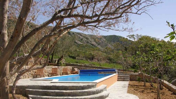 Una piscina de piedra con escalones que bajan al agua, rodeada de un muro de piedra y árboles.