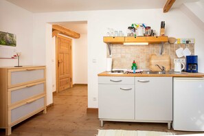 Fridge, microwave, oven, high chair
