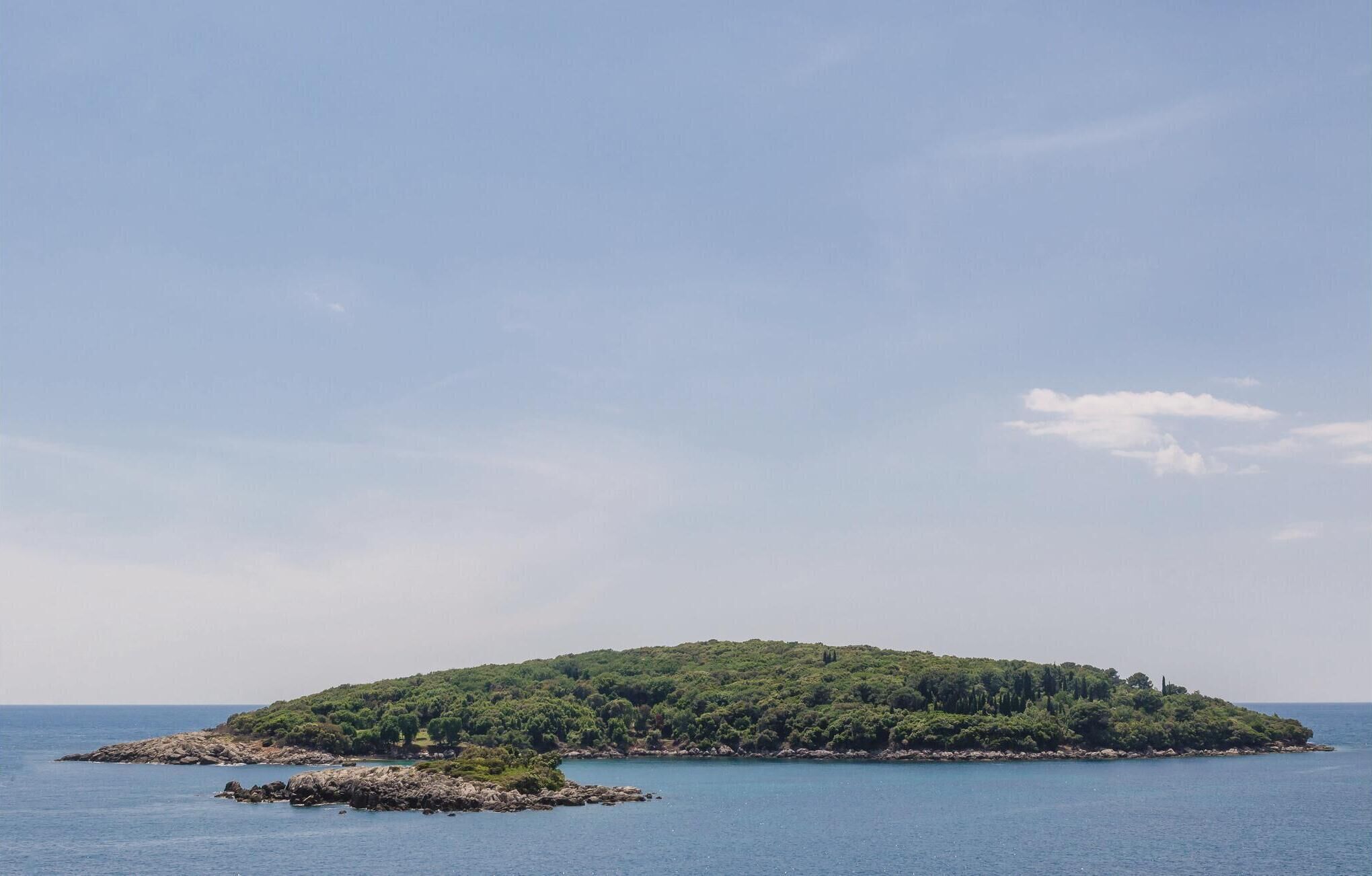 A small island with dense greenery and rocky outcrops surrounded by calm blue waters.
