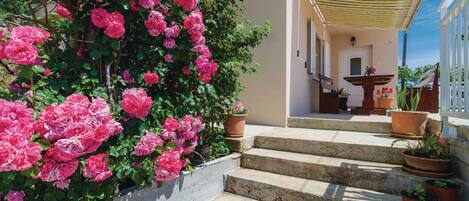 Eine Treppe führt zu einem Gebäude mit überdachter Eingangspartei, umgeben von Topfpflanzen und blühenden rosa Blumen.