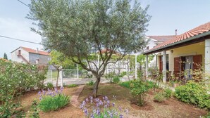 Un jardín con un árbol, un sendero y un edificio de techo a tejas.