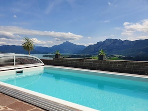 A swimming pool with a mountain view, a palm tree, and a potted plant.