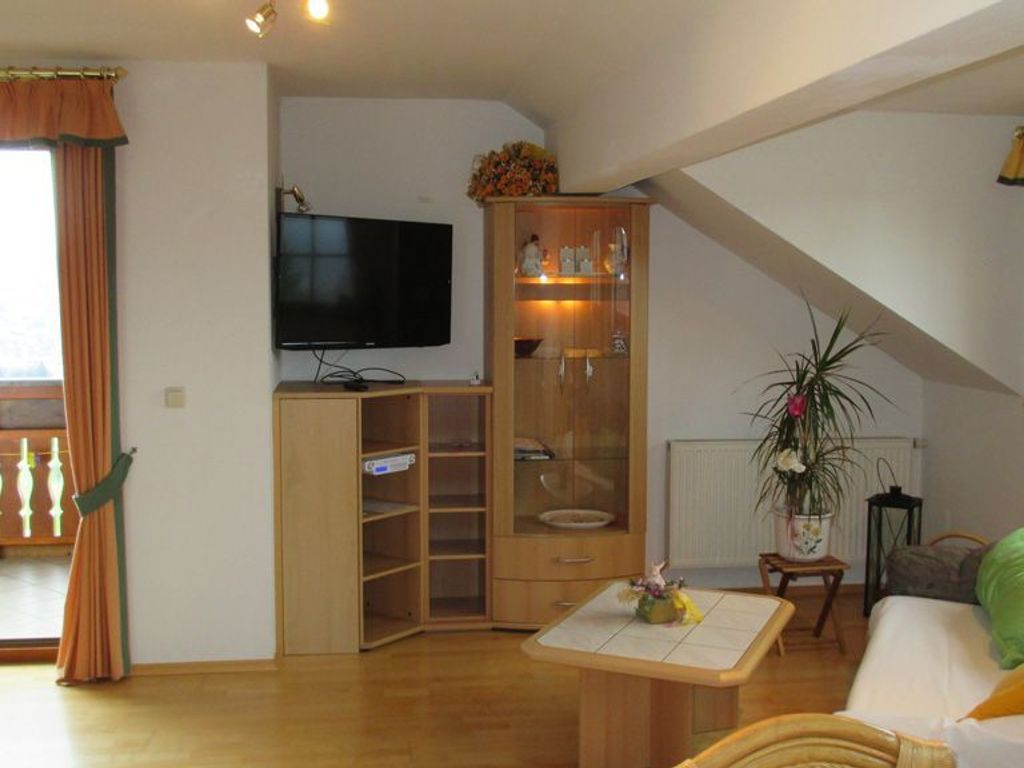 A living room with a television, wooden cabinet, and a plant.
