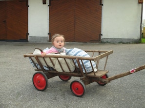 A child in a wooden cart with red wheels.