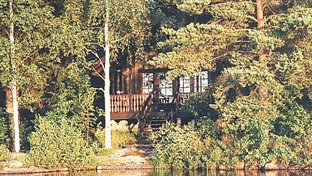 Eine Holzhütte mit einer Holzterrasse und einer Treppe, die zu einer Veranda führt, umgeben von dichtem Wald und einem Gewässer.