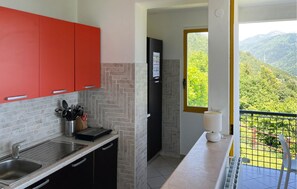 A kitchen with red cabinets, a black refrigerator, and a window with a view of a green landscape.