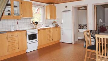 Fridge, stovetop, dishwasher, coffee/tea maker