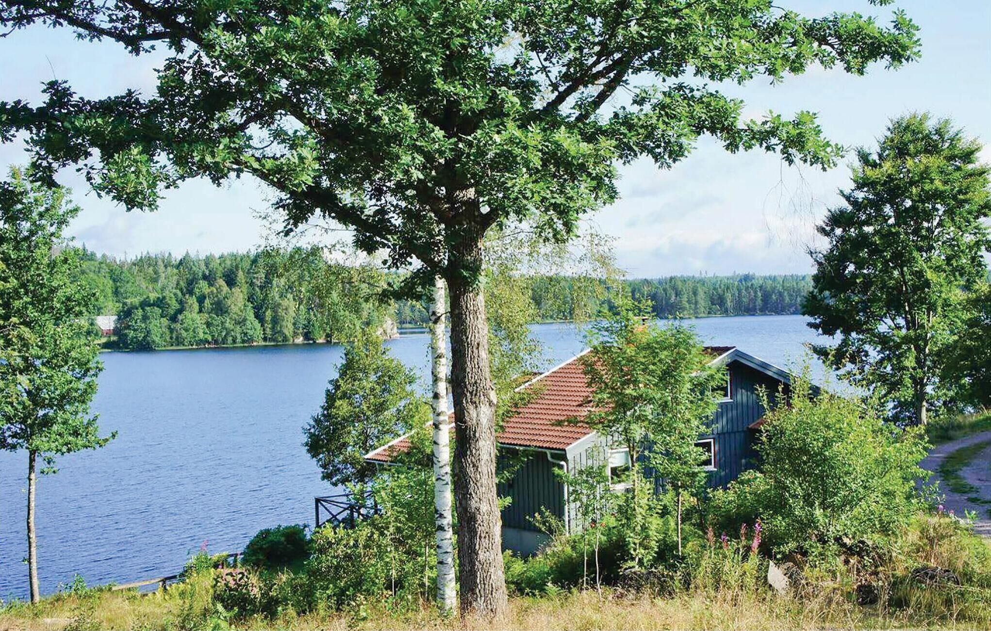 A lakeside cabin with a red roof, surrounded by dense greenery and a clear view of the lake.