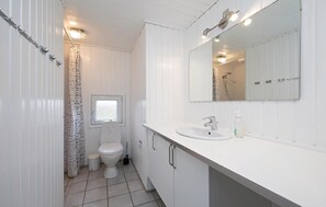 Un bagno con servizi igienici, lavabo e doccia.