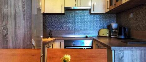 Kühlschrank, Ofen, Herdplatte, Wasserkocher mit Kaffee-/Teezubehör