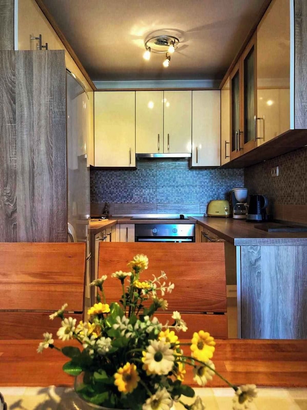 Fridge, oven, stovetop, cookware/dishes/utensils