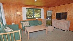 Ein gemütliches Zimmer mit einem grünen Sofa, einem Holztisch, einem Fernseher und einem Schrank.