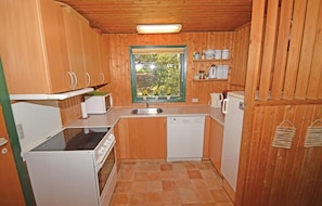 Fridge, stovetop, dishwasher, coffee/tea maker