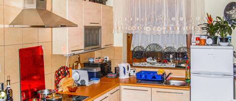 Fridge, stovetop, dishwasher, coffee/tea maker