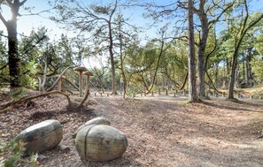 A forested area with a dirt path, wooden posts, and large logs. - Pet friendly home in Rømø with WiFi (Rømø)