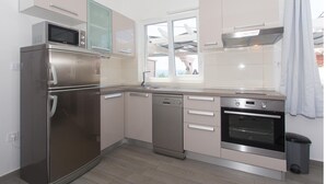 A modern kitchen with stainless steel appliances, a dishwasher, and a window providing natural light.