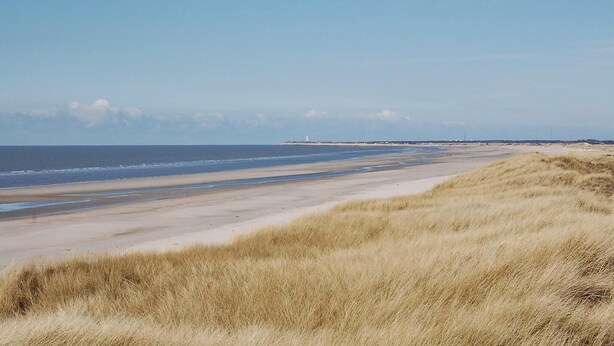 Un paisaje costero con una playa arenosa, dunas cubiertas de hierba y un faro a lo lejos.