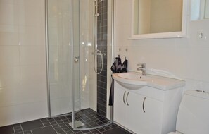 Enjoy a refreshing shower in the bathroom, featuring a glass-enclosed shower area with a handheld showerhead and wall-mounted faucet.