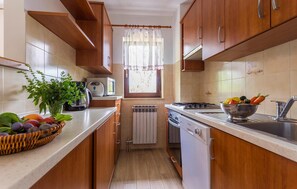 Fridge, stovetop, dishwasher, coffee/tea maker