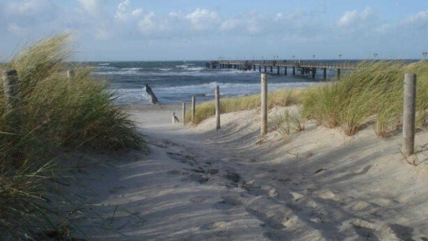 Una playa arenosa con un muelle que se adentra en el océano.