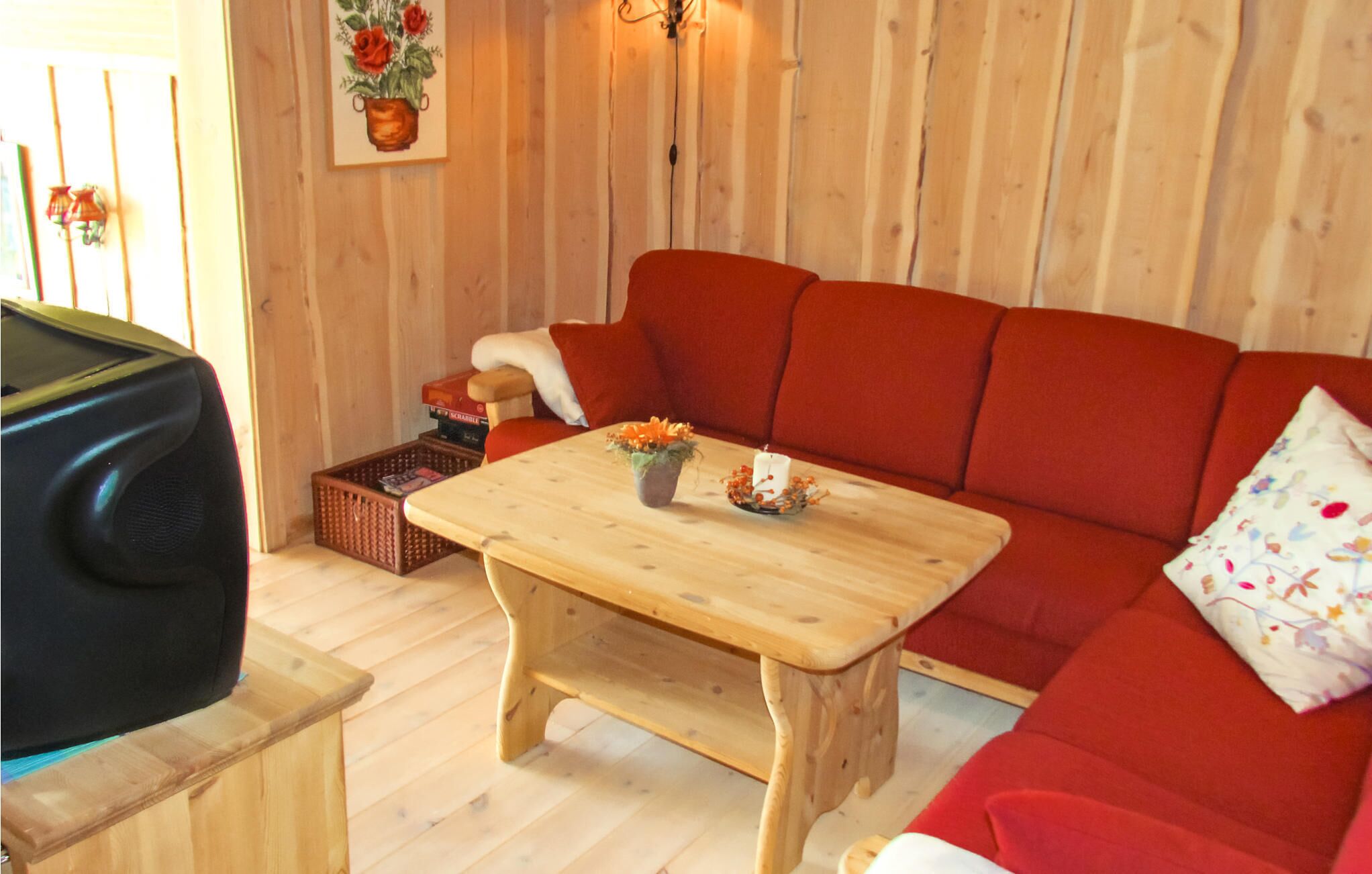 Una televisión, una chimenea, un reproductor de DVD