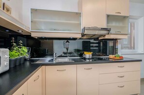 Frigorífico, microondas, placa de cocina y lavavajillas