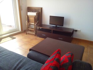 Un salon comprenant un canapé, un téléviseur posé sur un meuble en bois et une porte coulissante donnant sur un espace extérieur.