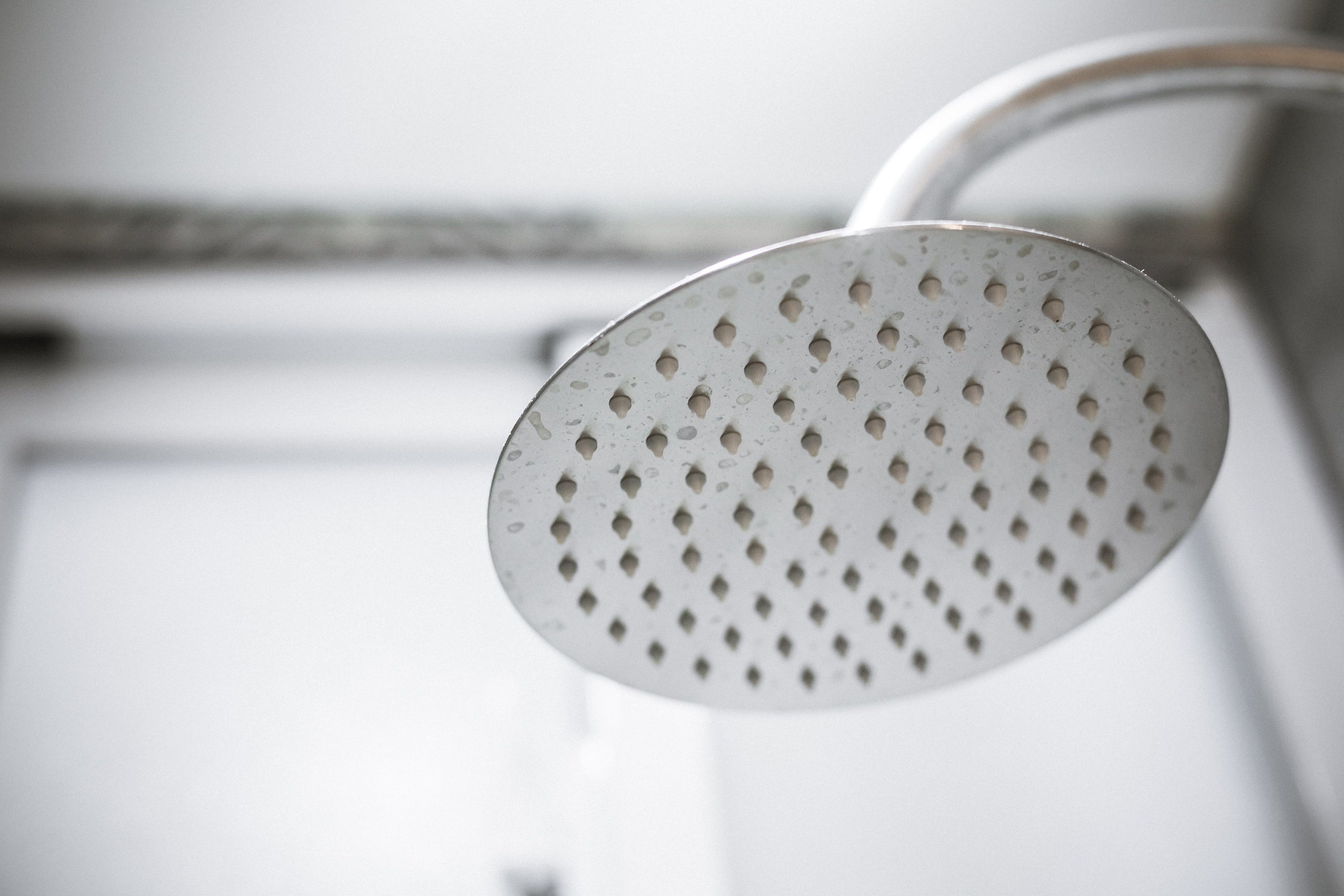 A showerhead with a perforated design, mounted on a white wall.