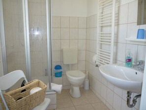 Douche, sèche-cheveux, serviettes fournies, papier toilette