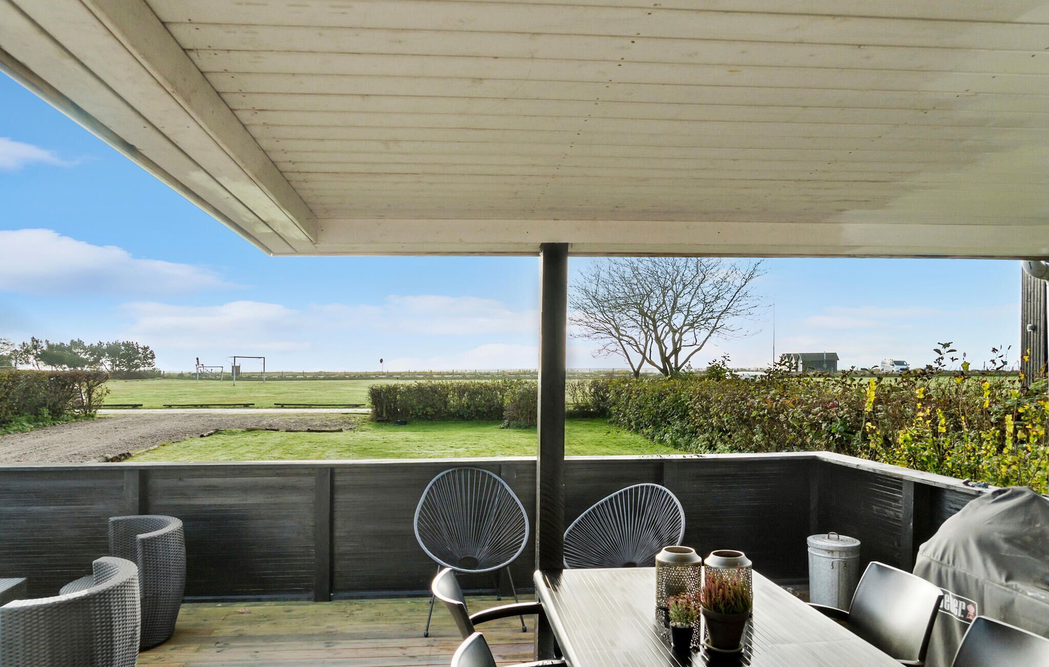 An outdoor patio with a view of a grassy field and a tree. There are wicker chairs and a table with potted plants.