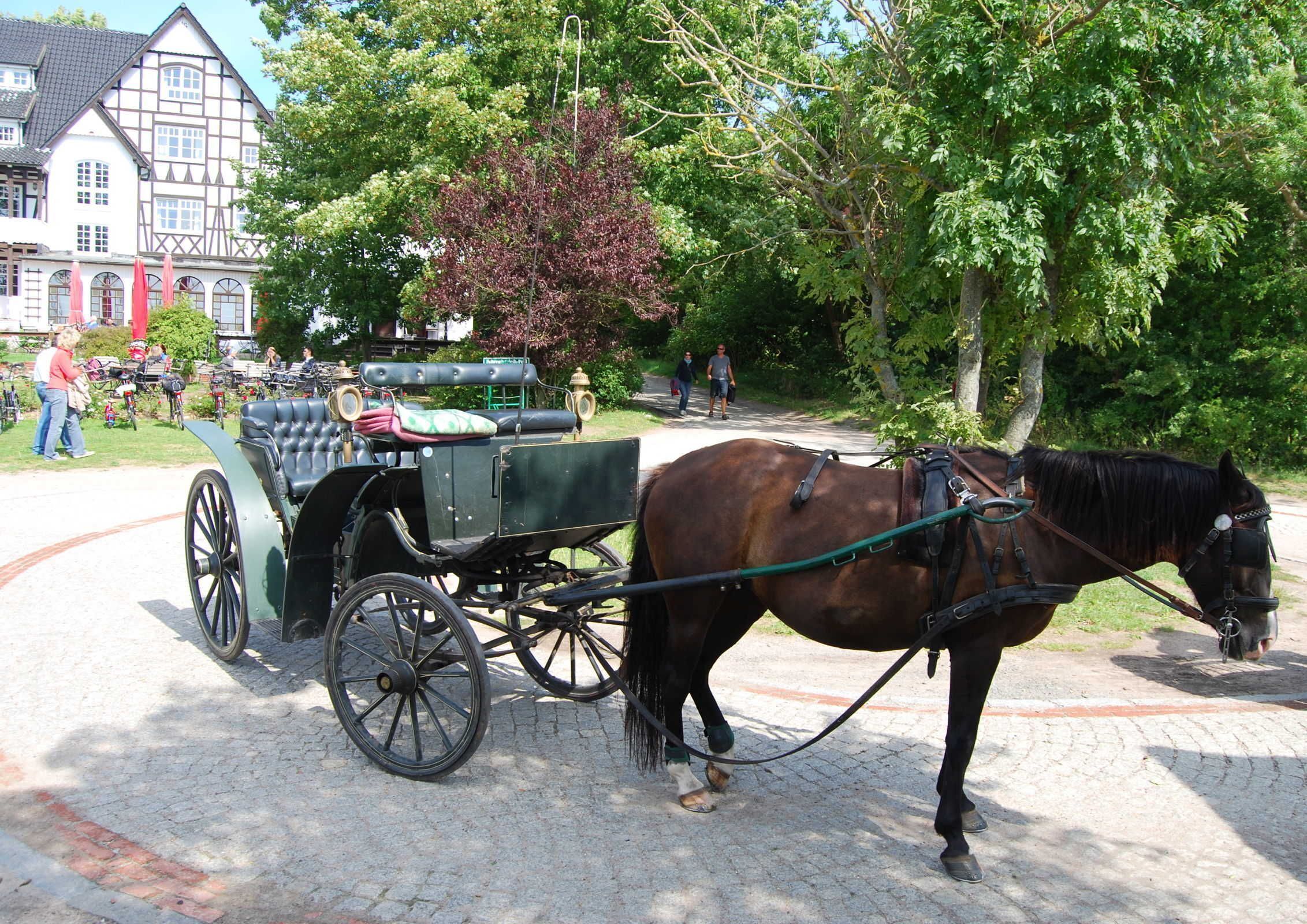 A horse-drawn carriage parked on a cobblestone path with a building in the background.