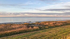 Eine Küstenlandschaft mit ruhiger See, grünen Feldern und einer fernen Küstenlinie.