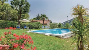 A swimming pool surrounded by grass, with a few lounge chairs and a palm tree. - Lovely home in Colle di Compito LU (Colle di Compito LU)