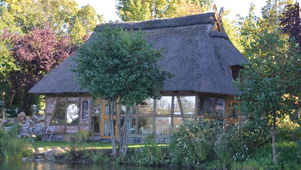 A thatched-roof house with large windows, situated by a pond, surrounded by lush greenery. - Reetdachkate on stud Schierensee - Fischerkate (Grebin)