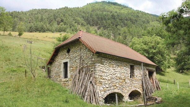Un bâtiment en pierre avec un toit rouge, entouré d’un champ herbeux et d’une colline boisée.