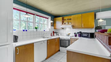 Fridge, stovetop, dishwasher, coffee/tea maker