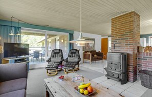 Televisión, chimenea y reproductor de DVD