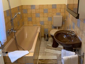 Hair dryer, towels, soap, toilet paper