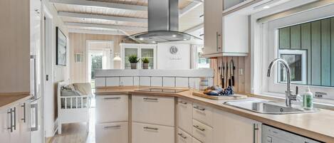 Fridge, stovetop, dishwasher, coffee/tea maker