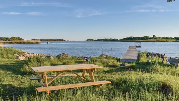 Et picnicbord ved en sø med en mole, der strækker sig ud i vandet.