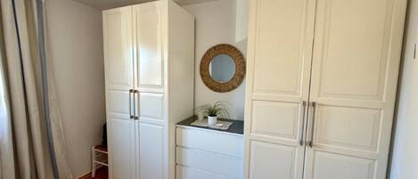 A room with white wardrobes, a small table with a plant, a mirror on the wall, and a blue rug.