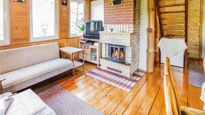 Un intérieur de chalet chaleureux avec une cheminée, des murs en bois, un canapé et un téléviseur.