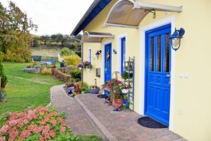 A yellow building with blue doors and windows, a paved pathway, and various potted plants.