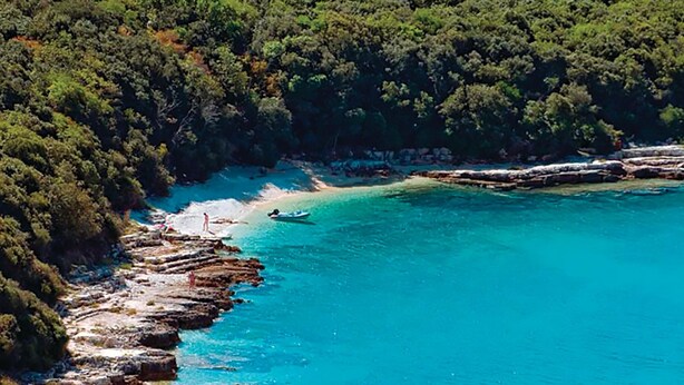 A coastal area with clear turquoise waters, rocky shorelines, and dense green forest. - Nice apartment in Medulin (Medulin)