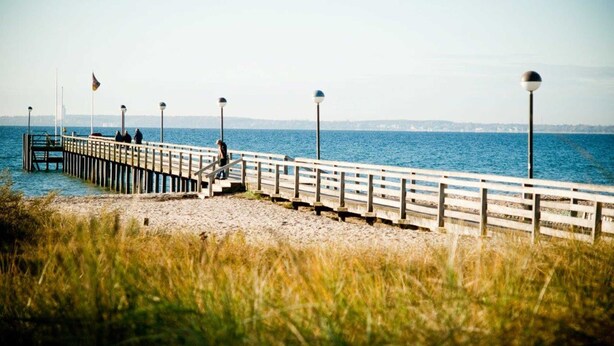 A wooden pier extending into calm waters, with a clear sky and distant city skyline. - Baltic Sea residence, App. 2 - Biting Resence 2-Zi.-Fewo., EC (Neustadt in Holstein)
