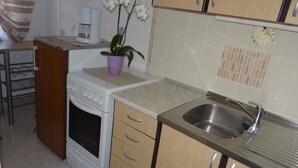 Een keuken met een kookplaat, oven, spoelbak en houten kastjes.