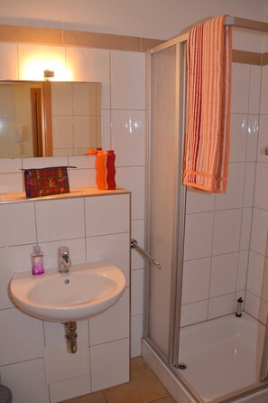 Shower, hair dryer, towels
