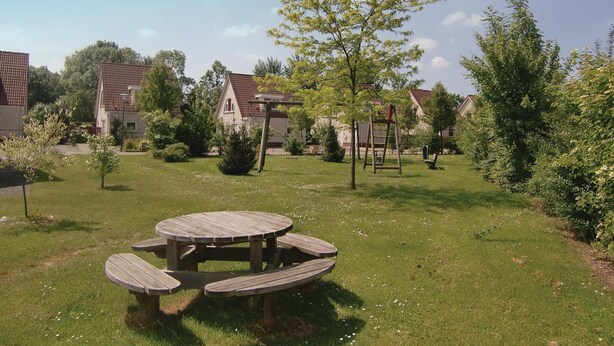 Une table de pique-nique se trouve dans un espace verdoyant, avec des arbres et des maisons en arrière-plan.