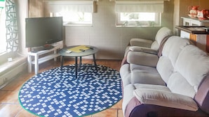 A living room with a sofa, a TV, a small table with a remote control, and two windows with curtains.